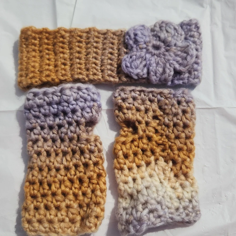 Handmade Crochet Chunky Headband Ear Warmer and Fingerless Gloves Mitts Set